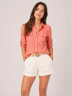 Banana Republic Coral Linen Button Down Shirt Roll Tab Sleeve Utility Top Size 4